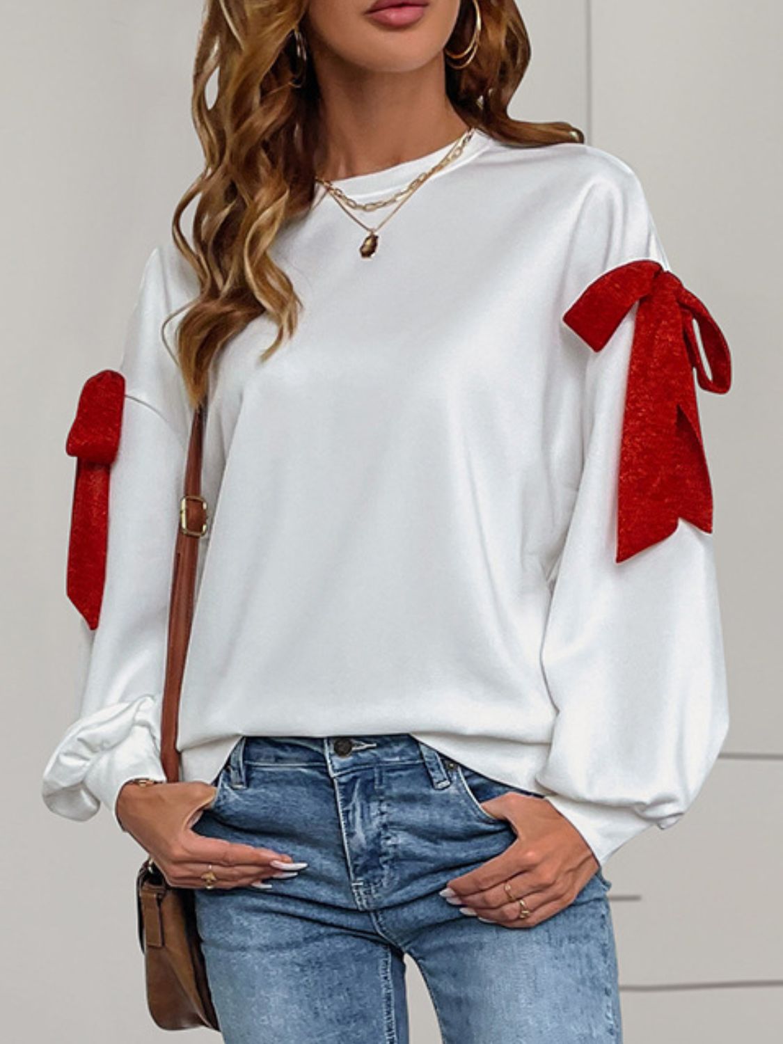 Perfee Bow Round Neck Long Sleeve Sweatshirt